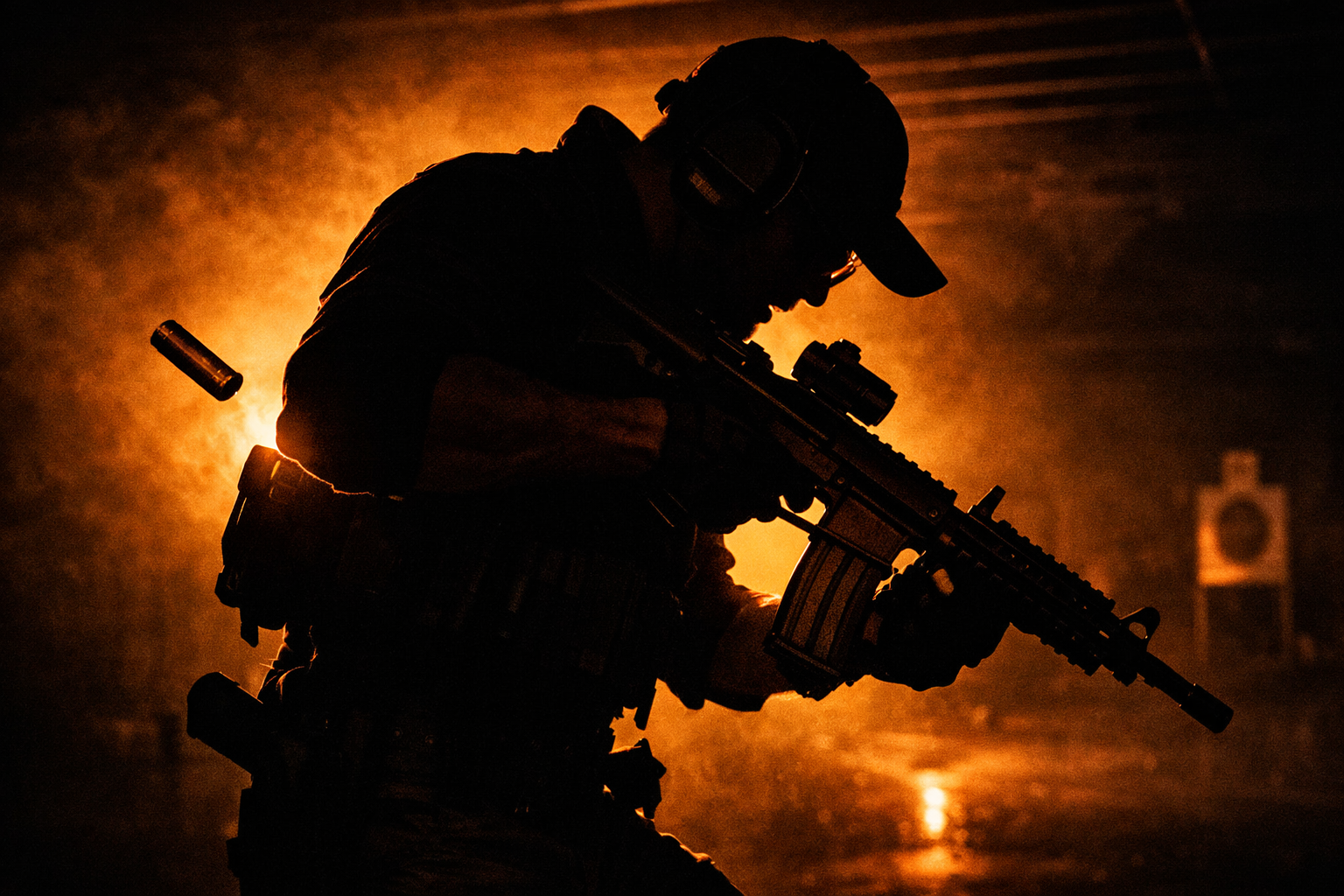 Dynamic action shot - shooter mid-reload