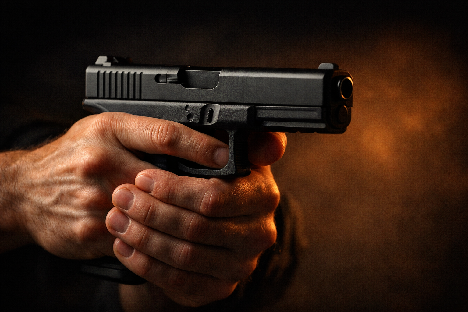 Close-up of hands gripping pistol